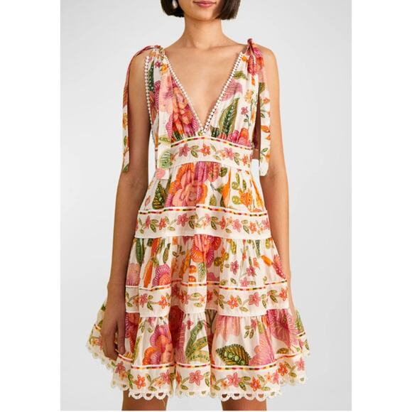 FARM Rio Dresses & Skirts - Farm Rio Dress Small Macaw Bloom Tiered Mini Sundress Crochet Boho Tropical